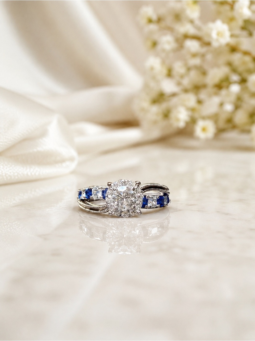 ✨ 14K White Gold Halo Diamond & Natural Sapphire Ring ✨